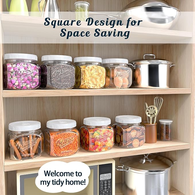 Glass Cookie Jar with Airtight Lid, 2 Pack 64 Oz Canning Jars | Half Gallon Mason Jar Wide Mouth for Food Storage, Flour, Sugar, Pasta, Sourdough - Square Glass Storage Container with Scale