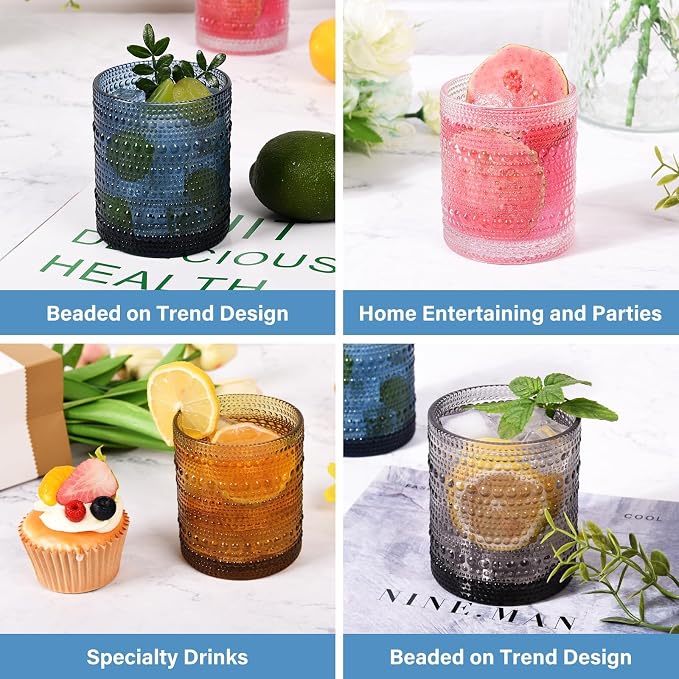 Cocktail Glasses 10 oz Hobnail Drinking Glasses Set of 6, Vintage Glassware, Textured Glass Cups Bubble Glasses Water Glasses Old Fashion Jupiter Glasses Set, Blue