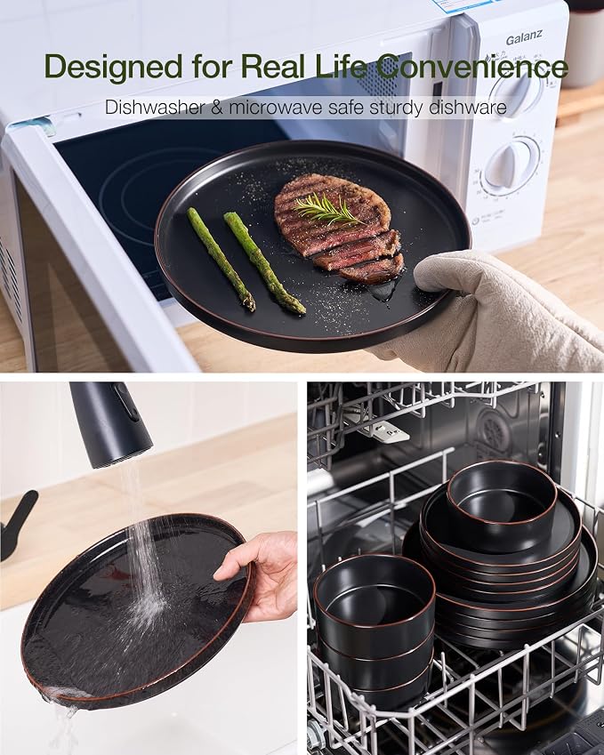 Famiware Nebula Ridge 24-Piece Dinnerware Set with Pasta Bowls, Matte Black | Stoneware Plates and Bowls for 6, Warm Hand-Painted Rims, Microwave and Dishwasher Safe