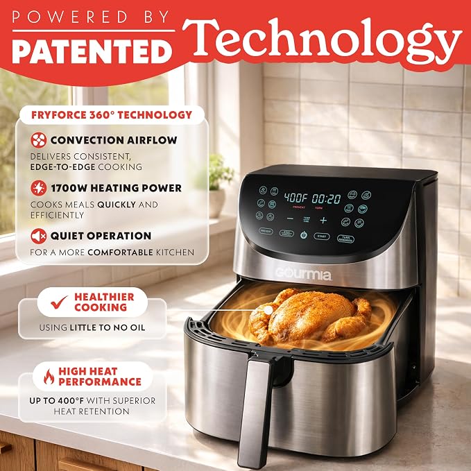 Gourmia Air Fryer - 8 Qt Extra Large Capacity, FryForce360º, Digital Display with 12 Presets, Roast, Bake, Broil, Dehydrate, Dishwasher Safe Accessories, Stainless Steel