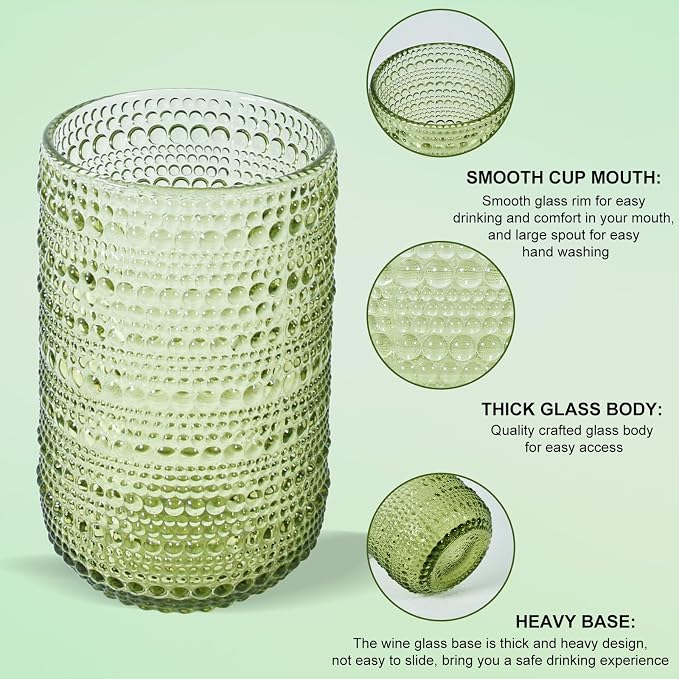 CHLJAR Hobnail Drinking Glasses Set of 6, 14 oz Vintage Glassware Set, Embossed Green Water Tumbler for Beer, Juice, Cocktail, Whiskey, Milk, Green
