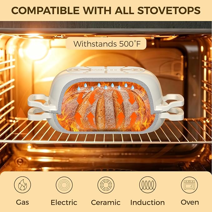 Wildone Enameled Cast Iron Dutch Oven Pot with Lid, Oval Bread Oven | Loaf Cast Iron Bread Pan for Homemade Bread Baking, Meatloaf Pan with Lid, 5.5QT, Cream White