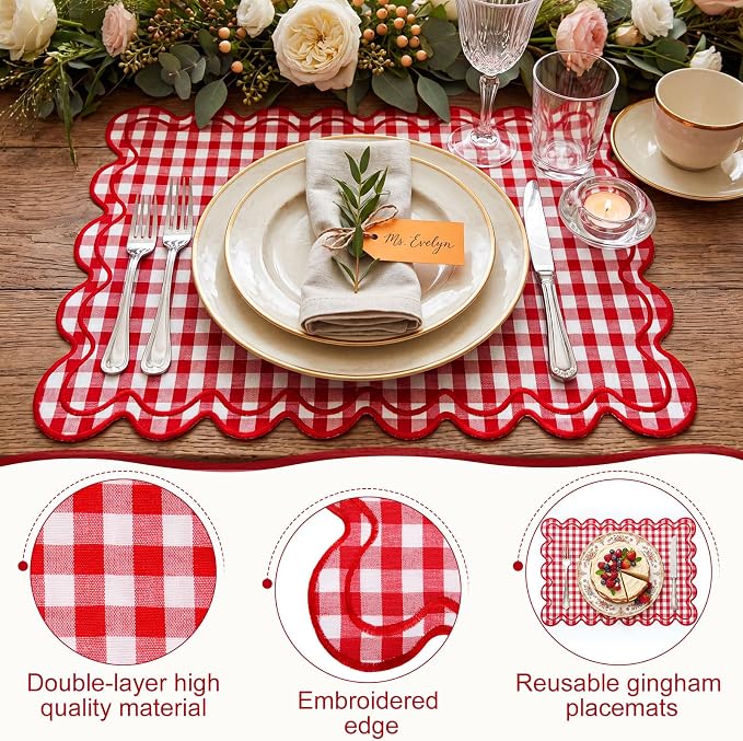Linen Placemats Set of 12 Scalloped Placemat 13 X19 Wavy Embroidery Double Layered Washable Farmhouse Dinner Fabric Table Mat Napkin for Wedding Party Restaurant(Plaid,Red and White)