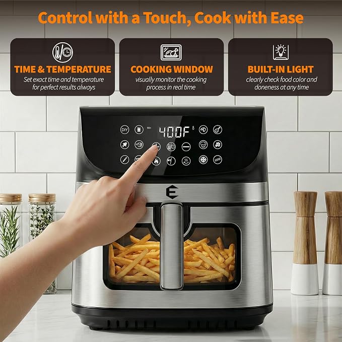 9.5Qt Large Air Fryer Oven, 12 Digital Preset Airfryer Toaster Oven Combo with Touchscreen, Non Toxic Stainless Steel Air Fryer with Viewing Window, XL Capacity Basket Style Airfryer for Family, Black