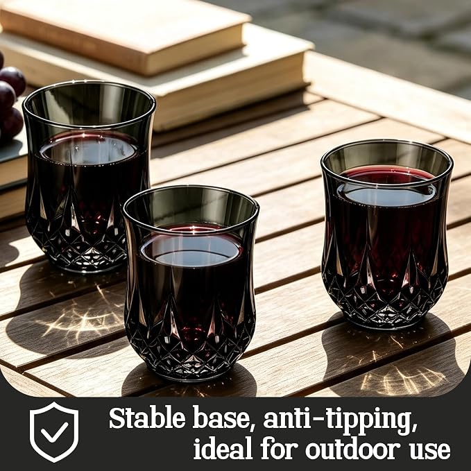 24 Pack 12 Oz Plastic Stemless Wine Glasses, Black | Unbreakable, Reusable, Elegant Vintage Design, Fancy Cocktail Cups, Whiskey, Champagne, Wedding, Party, Bars, Holiday Events