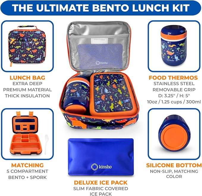 kinsho kids Bento Lunch Box Set with Thermo, Bag & Ice Pack, Blue Dinosaur | 5 Compartments, Removable Tray, Small Meal Snack Container for Boys Toddlers, Daycare Pre-School Kindergarten, Steel Food Jar