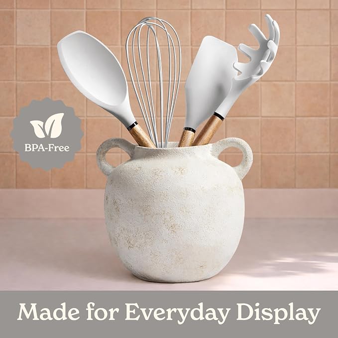 Country Kitchen Non Stick Silicone Utensil Set with Rounded Wood Handles for Cooking and Baking, 8 Piece Set, White