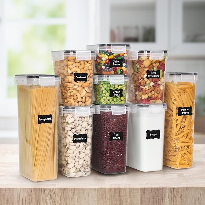 Freshware Kitchen Storage Containers with Lids, 48 PCS Airtight Food Storage Containers, Plastic Kitchen Containers, Pantry Containers for Cereal, Dry Food, Includes Labels, Marker & Measuring Spoons
