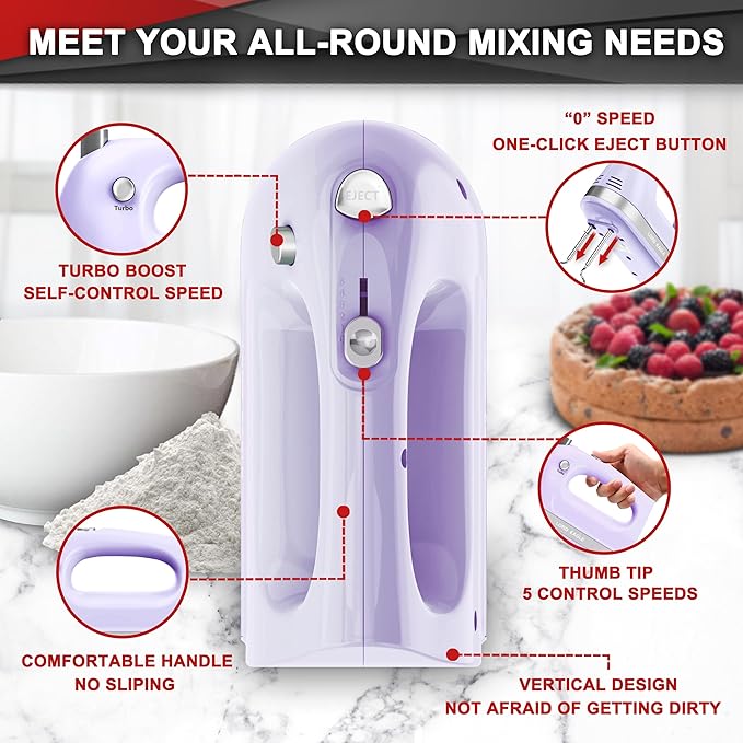 Lord Eagle Hand Mixer Electric Handheld 400W, 5-Speed Lightweight, Purple | Kitchen Mixer with Storage Case, 5 Stainless Steel Attachments for Baking Cake Egg Cream Food Beater, Turbo+Eject Button