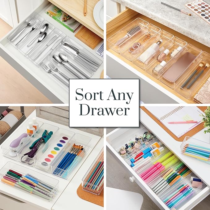 STORi SimpleSort 6-Piece Stackable Clear Drawer Organizer Set | 9" x 3" x 2" Rectangle Trays | Narrow Makeup Vanity Storage Bins and Office Desk Drawer Dividers | Made in USA