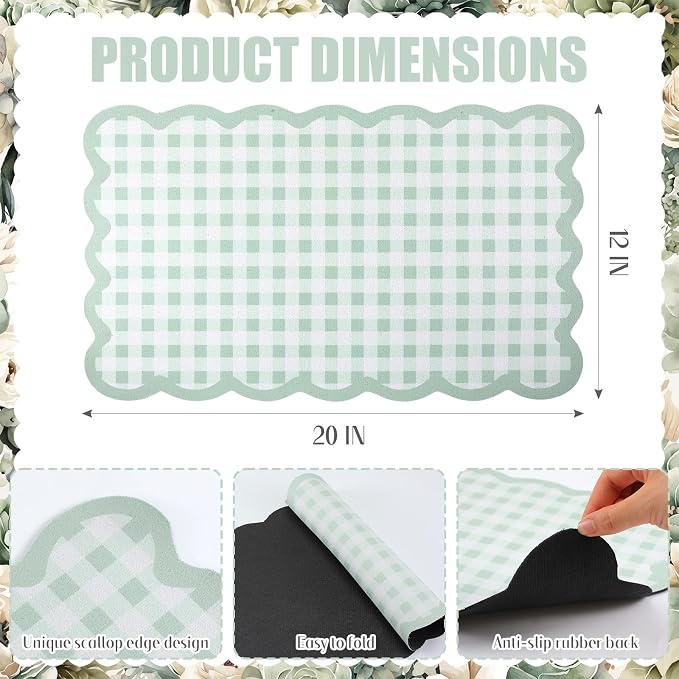 Green Scalloped Gingham Coffee Mat 12" x 20" Absorbent Bar Mat | Gingham Espresso Matt with Non Slip Rubber Backing for Coffee Countertops