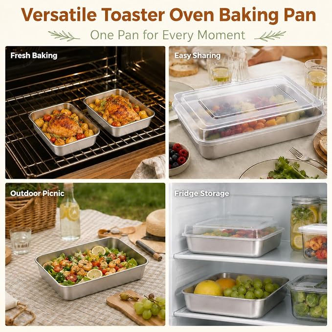 E-far Small Stainless Steel Baking Pan with Lid, 9.4 x 7 x 2 Inch for Cake | Toaster Oven Rectangle Sheet Cake Pans with Cover for Brownies Casseroles, Non-toxic & Heavy Duty, Dishwasher Safe - Set of 2