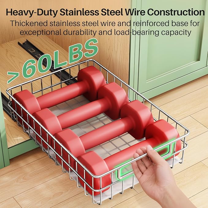 Stainless Steel Pull Out Cabinet Organizer(11.8"W x 16.5"D x 4.7"H)-1 Pack, Minimalist Design Frame, Full-Extension Slide Rails, Easy Installation for Pantry Organizers or Kitchen Cabinet Organizer