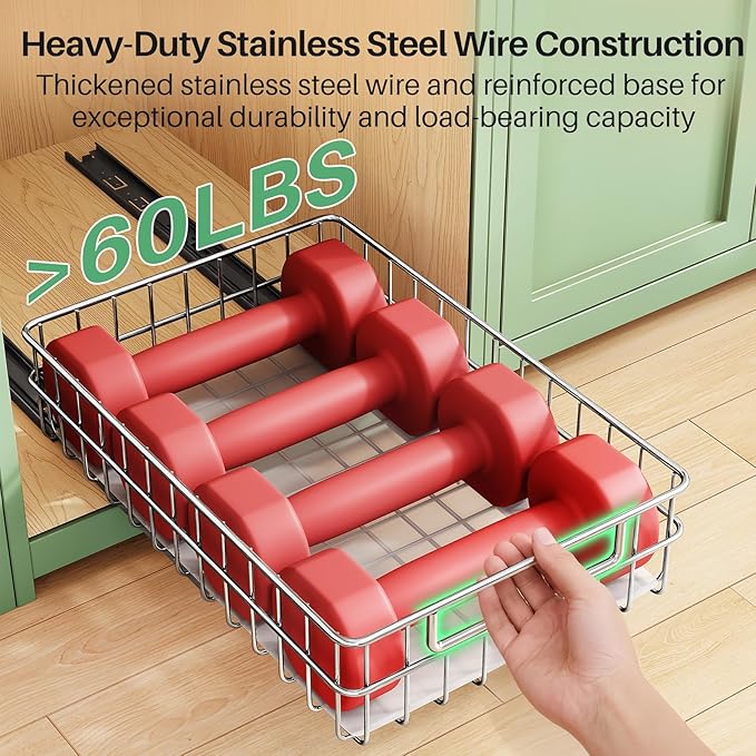 Pull out Cabinet Organizer, Stainless Steel 2-Pack Slide out Drawer with Silent Full-Extension Slides, Adhesive Roll out Can Spice Storage Basket Shelf Rack for Pantry, Kitchen, Bathroom, Home Closet