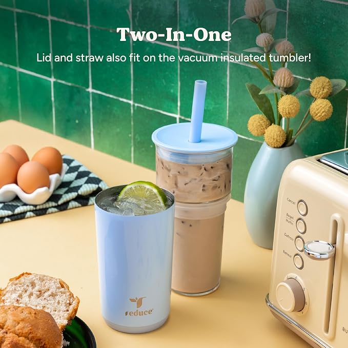 REDUCE Aspen - 20oz Vacuum Insulated Glass Tumbler - Extra Wide Straw & Lid | Keeps drinks cold for 12 hours, ideal for iced coffee, smoothies & boba, dishwasher safe, soft base