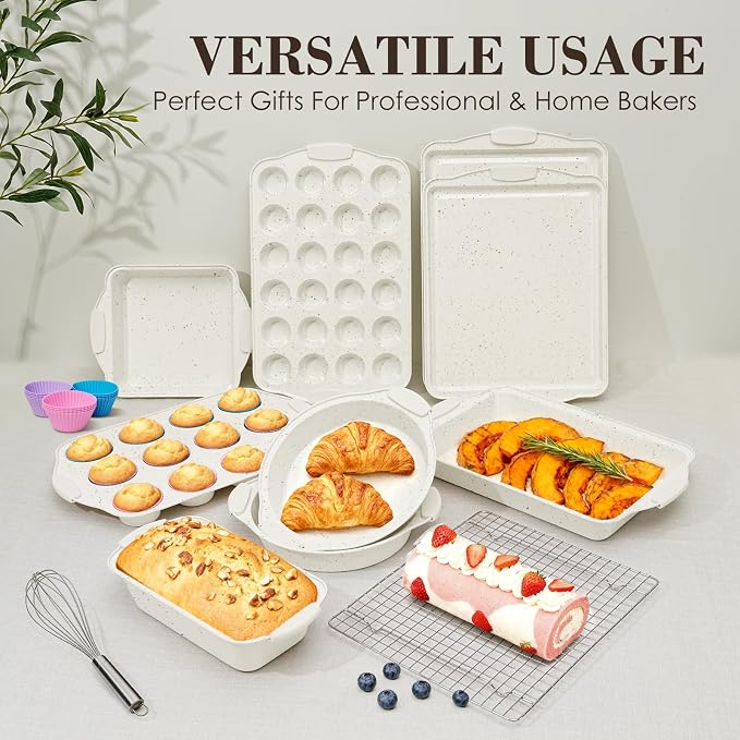 Baking Pans Set Nonstick, Stackable Bakeware Sets with Silicone Handles, AIVIKI 22 Pieces Oven Pan for Cooking Including Baking Cookie Sheet with Rack, Roast Pan, Cake Pan, Loaf Pan, Muffin Pan, Cream