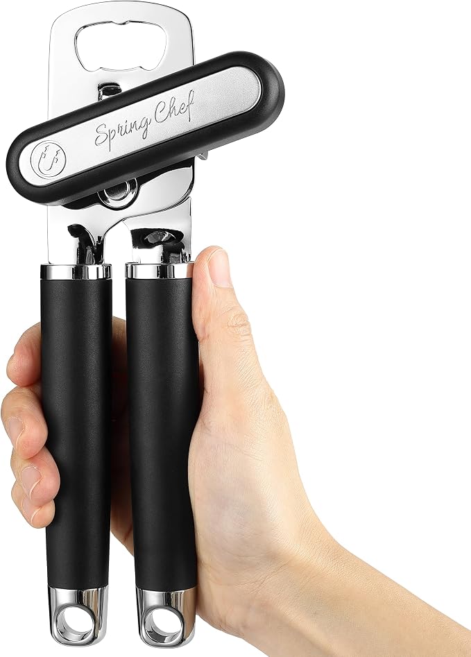 Spring Chef Stainless Steel Manual Can Opener with Soft Grip Handles, Black | Heavy Duty Hand Can Opener for Seniors with Smooth Edge, Easy Turn, 3in1 Can Opener with Magnetic Lid Remover & Bottle Opener
