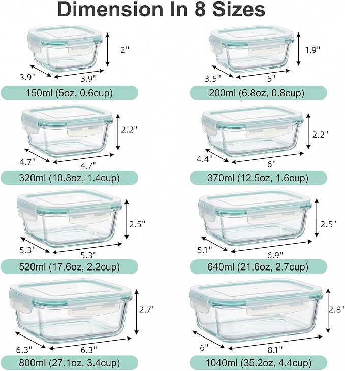 8 Pack Food Storage Containers with Lids,Glass Meal Prep Containers,Oven Safe