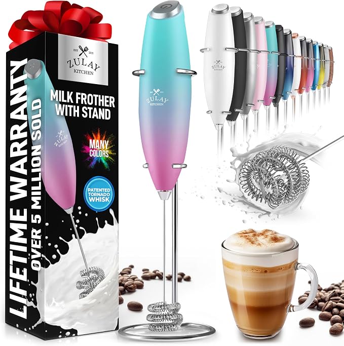 Zulay Powerful Milk Frother for Coffee with Upgraded Titanium Motor - Handheld Electric Whisk, Milk Foamer, Mini Mixer & Coffee Blender for Frappe, Latte, Matcha, No Stand - Teal Pink Fade