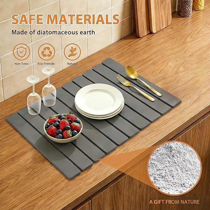 Stone Drying Mat for Kitchen Counter (24”x16”) with Dish Rack | Quick Dry Diatomaceous Earth Dish Mat– Foldable Water Absorbing Drying Organizer Pad for Countertop Plate Bottles Cups(Pure)