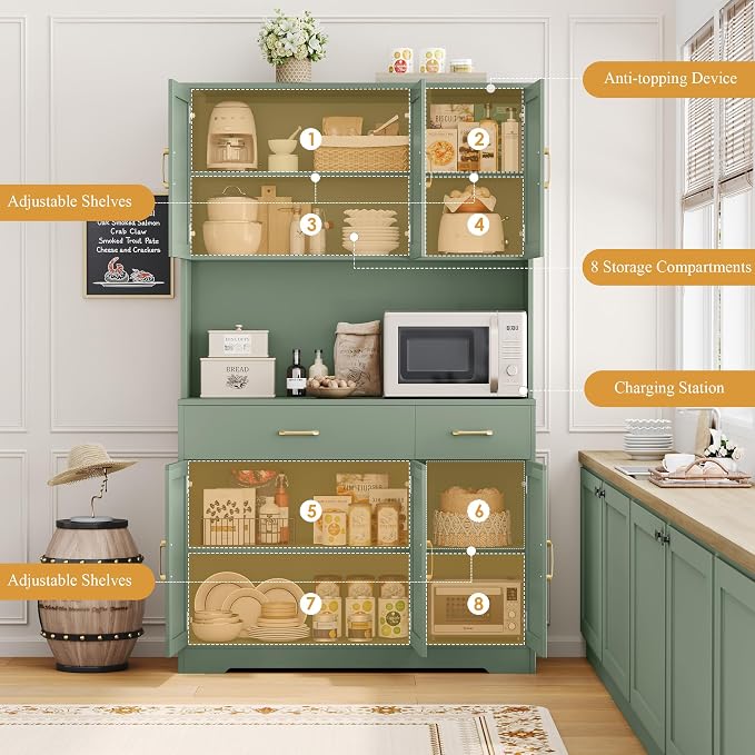 HOSTACK 71"H Kitchen Pantry Storage Cabinet, Farmhouse Hutch Cabinet, Green | Space-Saving Pantry Cabinet with Charging Station & 2 Large Drawers & Adjustable Shelves, Tall Kitchen Hutch, Dining Room
