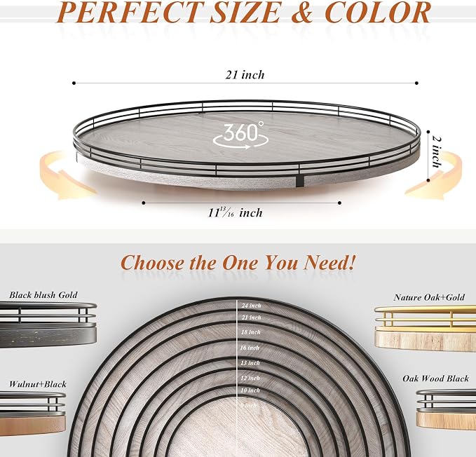 AMH 21-Inch Whitewashed Farmhouse Wooden Lazy Susan Organizer | Smooth rotating oak tray with walnut finish for dining tables, kitchen counters, pantries and cabinet storage.