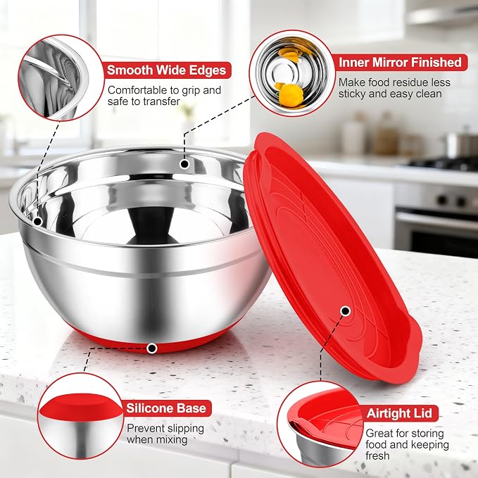 TeamFar Mixing Bowls, Stainless Steel Salad Bowls with Lids - Red | Nesting Bowls with Non-slip Bottom, for Kitchen Baking Preparing Serving, Stackable & 6PCS - 4.6 /2.6 /2 / 1.5 /1 / 0.7 Qt