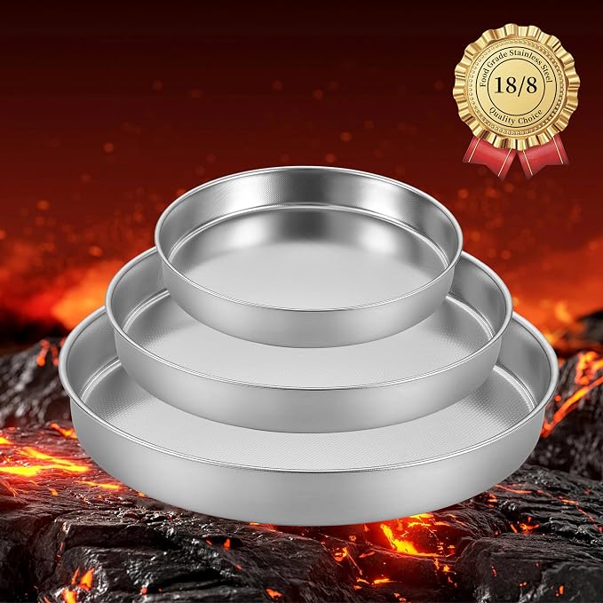 Inqibee 8-9.5-11 Inch Round Cake Pan Set, Stainless Steel Textured Bottom | Tri-ply Stainless Steel, Rolled Rim Layer Cake Bakeware, Oven & Dishwasher Safe, Healthy Non-Toxic for Birthday Wedding Cake
