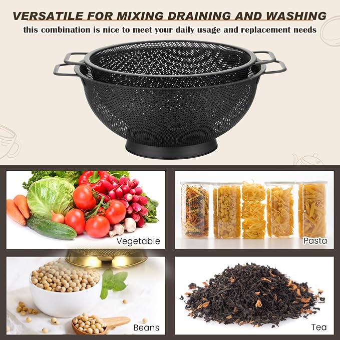 2 Pcs Matte Black Colander for Kitchen, 4 and 5 Qt, Stainless Steel Colander with Handle, Pasta Strainer for Spaghetti Food Fruits Berry Vegetables, Elevated Pedestal Foot