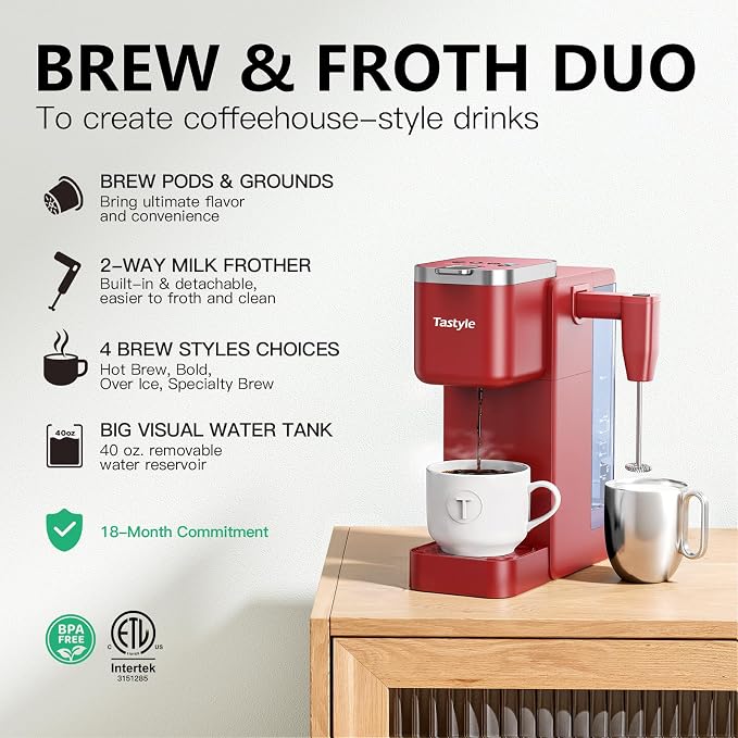 Tastyle Single Serve Coffee Maker with Built-in Detachable Milk Frother | For K Cups & Grounds, 40oz Removable Water Tank, 6 Brew Sizes, 2 Drip Trays, BPA Free, Fits 7.3" Travel Mug, K330MF, Red