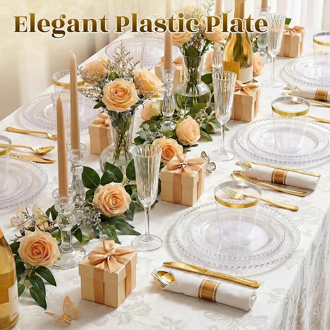 350pcs Plastic Dinnerware Set Clear 50 Guests for Wedding | Fancy Beaded Plastic Plates Include 100 Elegant Plastic Plates,50 Cups and 50 Pre Rolled Napkins with Cutlery Set