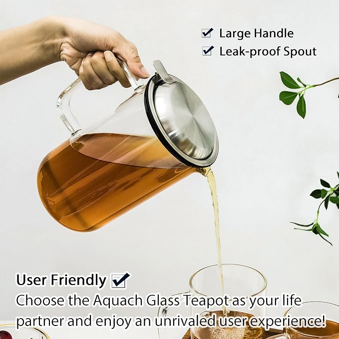 Aquach 51oz Glass Teapot with Infuser, Stovetop Safe Borosilicate Tea Pot | Dishwasher Safe, Plastic-free, Precise Loose Leaf Filter, Easy-clean Opening, Sharing Capacity