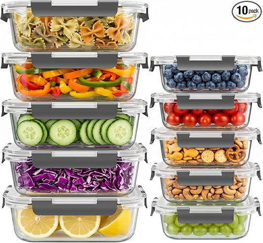 Dealusy 10 Sets 36 oz & 12 oz Glass Food Storage Containers with lids, Gray | 20-Piece Airtight Leak-proof Glass Meal Prep Containers with Lids, Microwave Oven Freezer Dishwasher Safe