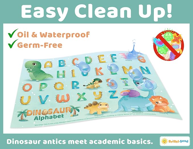 Bright Seed Disposable Placemats for Baby & Toddlers, Learning Mat- Dinos | 40 Disposable Placemats, ABC, Numbers & Animal Learning, Perfect for Restaurants & Travel, Helps Keep Tables Clean