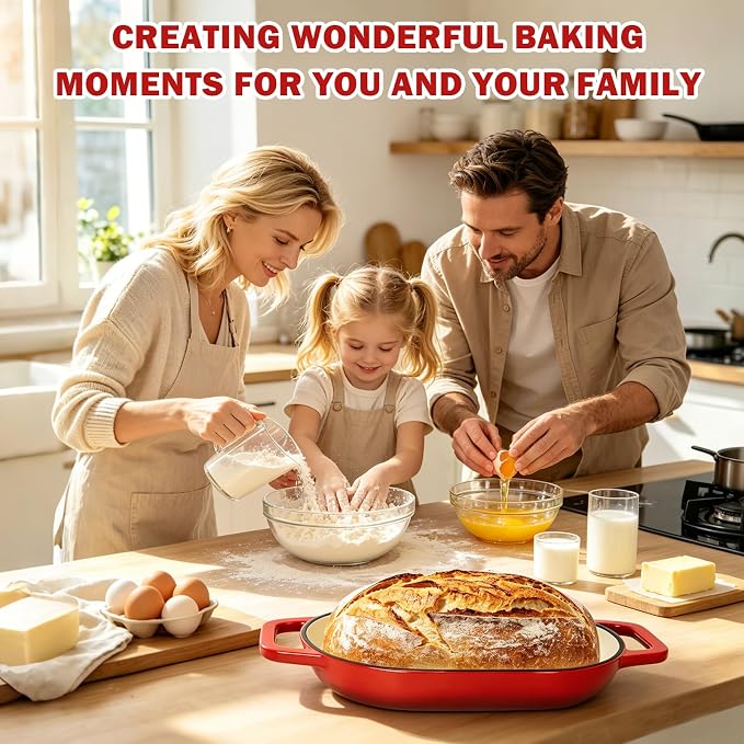 Wdmiya Dutch Oven for Sourdough Bread Baking, Shallow Base & Dome Lid 5 QT | Enameled Cast Iron Bread Baker for Batards & Boules, Easy-Clean Enamel, 500°F Oven Safe, Red, 11.5" x 7.8"