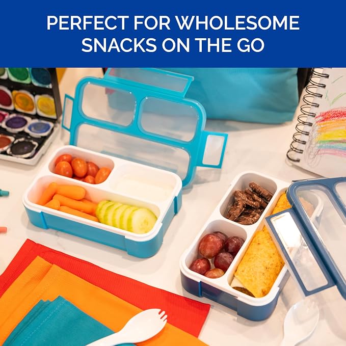 kinsho Small Snack Box Containers for Kids Toddlers, Set of 2 (Navy+Blue) | 3 Compartments, Leak-Proof, Spill Proof, BPA-Free Reusable Small Mini Bento Lunch Box for Daycare School Travel, Holds 2 Cups
