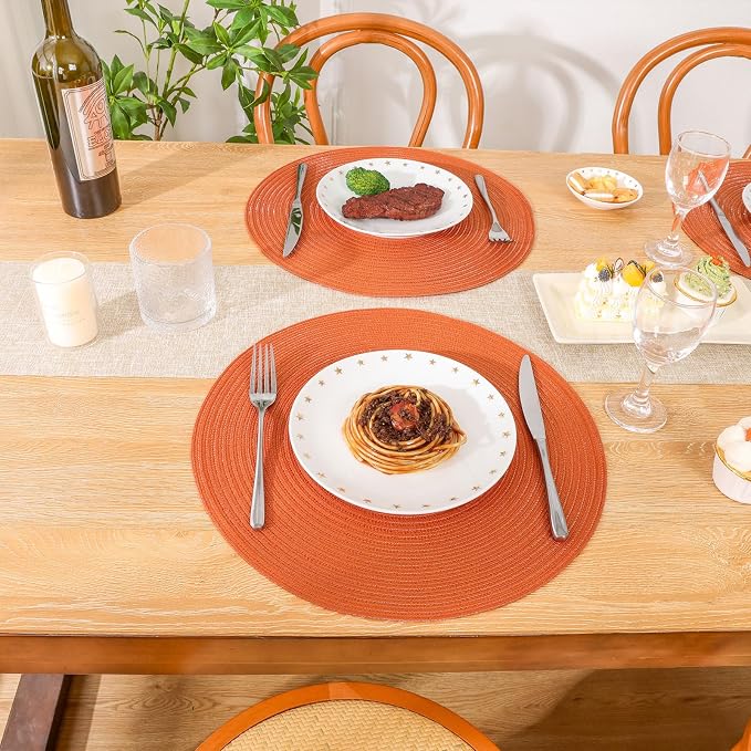 SHACOS Round Placemats Set of 4 for Dining Table Autumn Fall Round Braided Place Mats Washable Non Slip Kitchen Table Mats Decor, Bright Orange