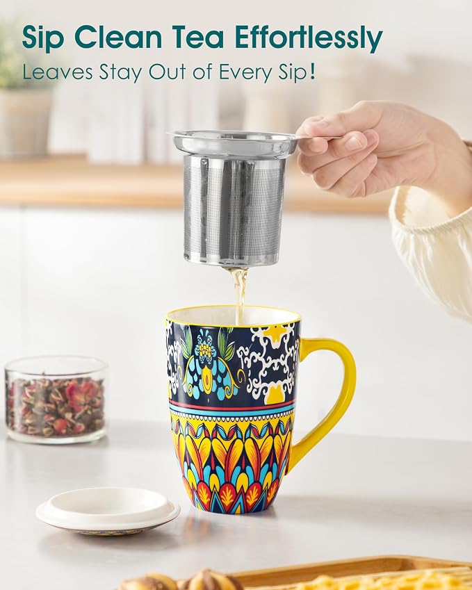 vancasso 18 Oz Tea Infuser Mug with Lid, Golden Lotus Mirage | Eye-Catching Bohemian Pattern, Adds Charm to Any Tea Corner, Ceramic Mug with Infuser, Microwave and Dishwasher Safe