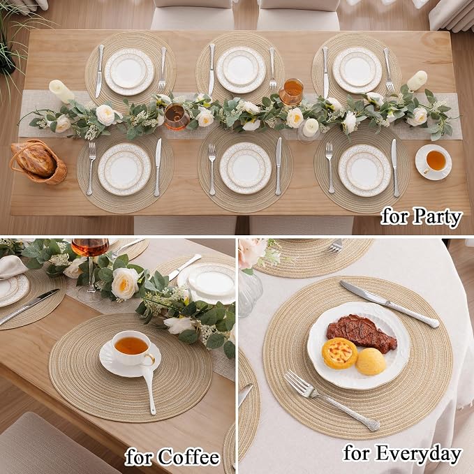 SHACOS 15 inch Beige Round Placemats Set of 12 for Dining Table Woven Braided Circle Place Mats Kitchen Placemat Washable Table Mats