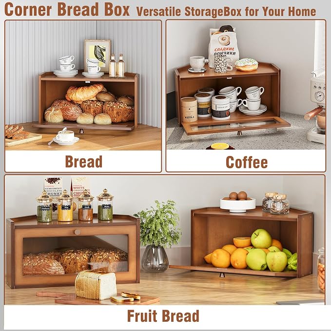 Trironsun Corner Bamboo Bread Box for Kitchen Counter Large Rustic Bread Storage Container with Acrylic Door Space-Saving Vintage Bread Keeper for Homemade Bread (Brown)