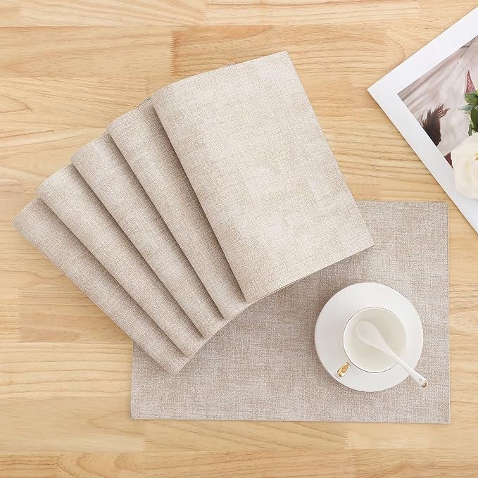 Homaxy PU Faux Leather Placemats for Dining Table, Set of 6, Beige | Waterproof Wipeable Washable Table Mats, Easy to Clean Anti-Slip Place Mats, 11.8" x 17"
