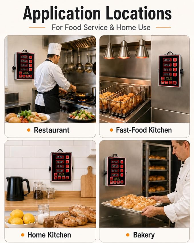Commercial 4 Channels Digital Kitchen Timer, Stainless Steel Calculagraph Timer with Loud Alarm for Restaurant, Clock Reminder on Multiple Events