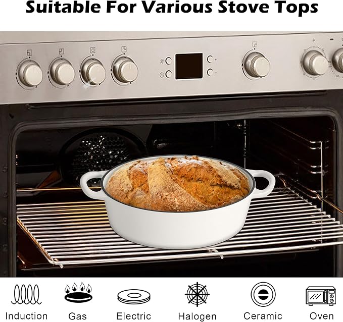 TeamFar Oval Dutch Oven, 5qt Enameled Cast Iron Dutch Oven Pot with Lid | For Bread Baking/Stewing/Braising/Frying, Suitable for Various Stoves, Non-stick & Easy Clean, White