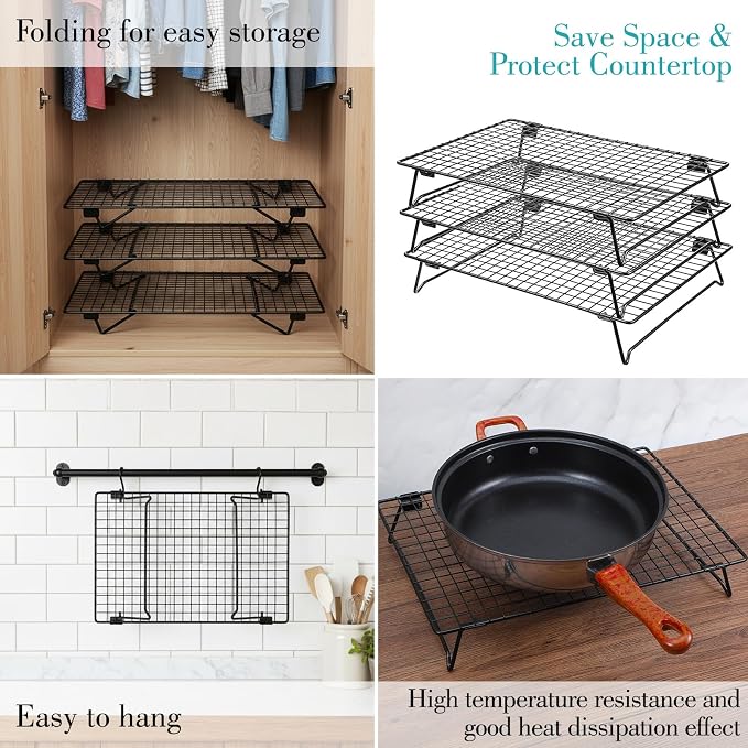 Kifmurase 3PCS Stackable Cooling Rack for Baking, 13.3 x 9.3 Inch Carbon Steel Wire Rack with Folding Legs for Cookie Cake Pizza Jerky, Multi-Use Bread Oven Racks for Cooking Roasting Drying Grilling