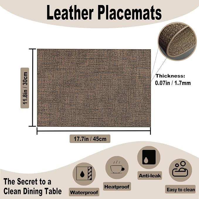 Faux Leather Placemats Set of 4, 11.8"x17.7", Brown | Reversible Table Mats, Waterproof, Stain & Heat Resistant, Easy Clean for Dining, Gatherings, Outdoor