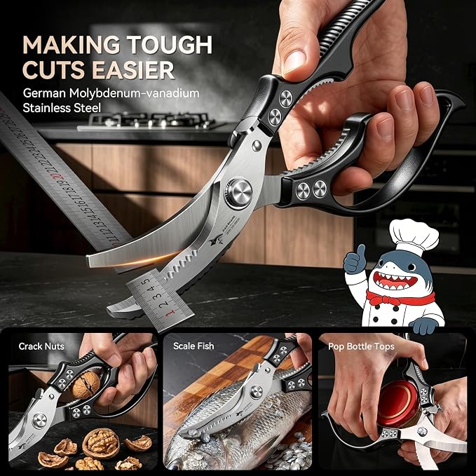 MAD SHARK Heavy Duty Poultry Shears,Spring Loaded Butterfly Meat Scissors | Non-Slip Handle Kitchen Shears, Safety Lock, All Purpose Kitchen Scissors for Chicken, Meat Cutting, Turkey, Fish, Vegetables