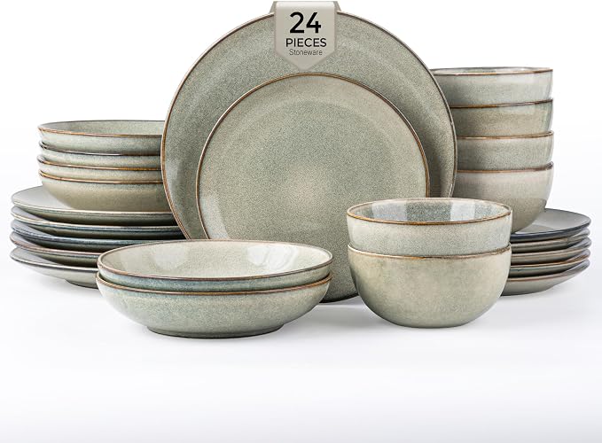 GBHOME Dinnerware Sets for 6, 24 Pieces Ceramic Plates and Bowls Set | Scratch Resistant Stoneware Dishes Set, Dishwasher & Microwave Safe, Reactive Glaze-Green Wheat