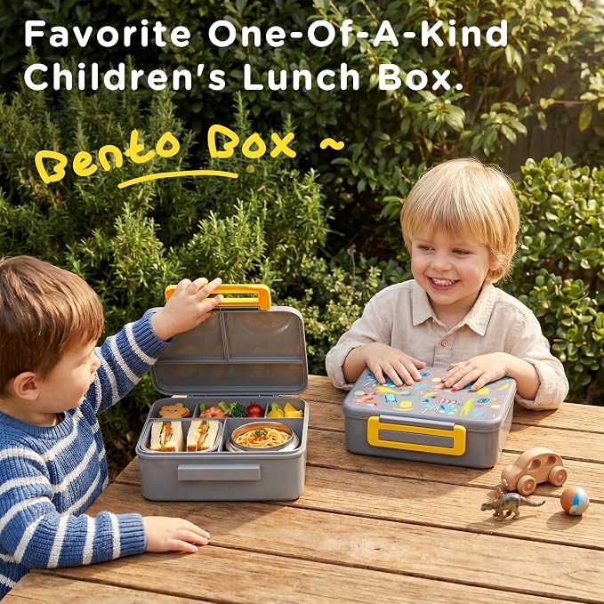 Kids Lunch Bento Box with 8oz Thermo/Ice Pack, BPA-Free, for School | Leak-proof Food Containers with 5 Compartment, Insulated Food Jar, Dishwasher Safe, Easy to Clean, Lunch Box for Girls Boys