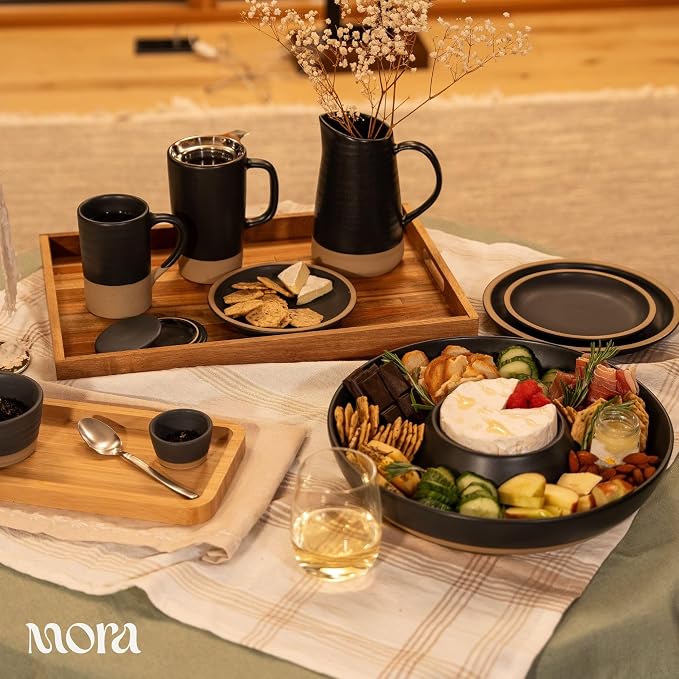 Mora Ceramic Chips and Dip Serving Tray: Large Divided Party Bowl Set for Chips & Salsa, Veggies & Dip, Fruit, Snacks, Entertaining, Hosting, etc. Minimalist Design for the Modern Hostess - Liquorice
