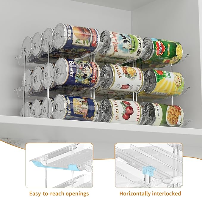 LXLXXL Can Organizer for Pantry Canned Food Storage Goods Holders 4 Tier | Automatic Rolling, Clear Acrylic Can Storage Rack, Sturdy and Stackable, for Fridge Cabinet Pantry Kitchen Desktop Storage